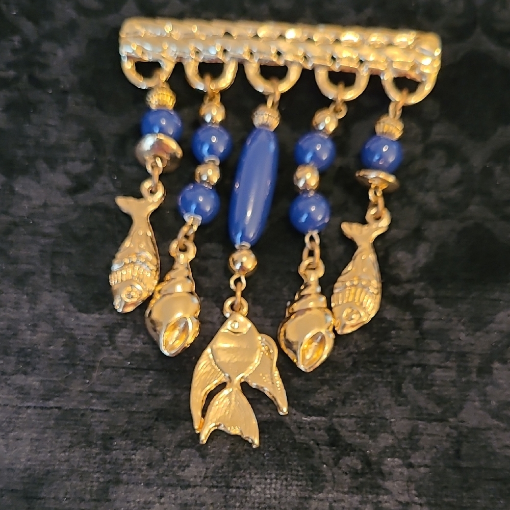 2/$22 Goldtone and Blue Beaded Fish And Shell Dangling Charm Brooch